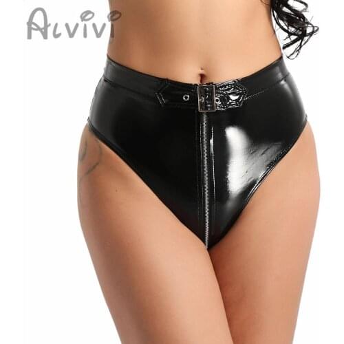 Womens High Cut Lingerie Wetloock Front Zippered PVC With Belt Waist Lingerie Night Pole Dance Exotic Sexy Underwear Panties