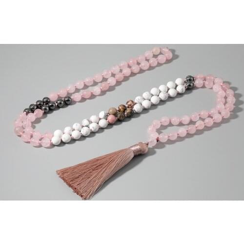 108 Japa Mala Natural Stone Beaded Hand Knotted Necklace Cuarzo Rosado & Turquesa Blanco Meditation Yoga Semi-Precious Jewelry
