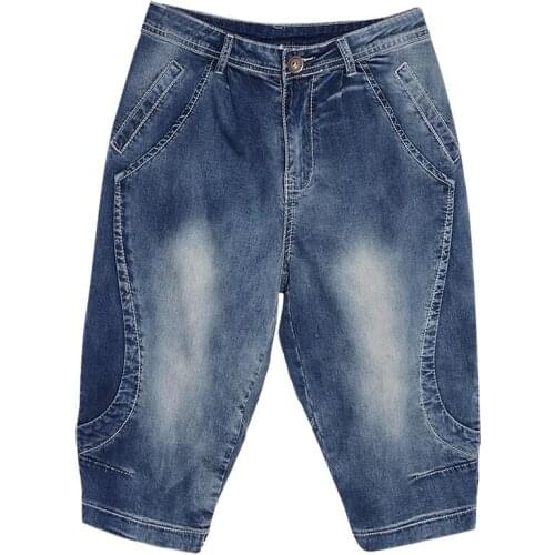 2020 Summer Plus Size Women Jeans Fashion Solid Blue Color Jeans 7 Capris Female Vintage Loose Casual Jeans Slim Denim Pants