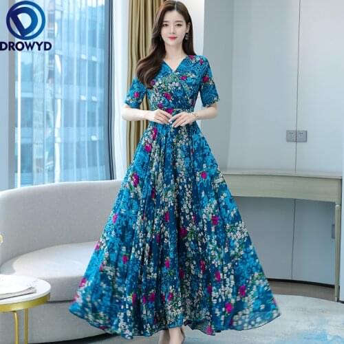 2021 Summer New High Quality Plus Size S-4XL V-neck Blue Flower Printed Long Sleeve Women Chiffon Long Dresses Party Vestidos