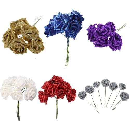 7 Foam Rose Artificial Flower Glitter Bridal Bouquet Home Wedding Decoration