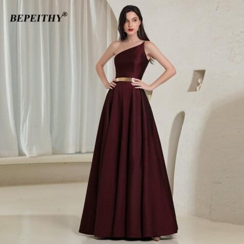 BEPEITHY One Shoulder A Line Sleeveless Long Evening Dress 2021 Burgundy Prom Party Gown For Women Robes De Soirée With Belt