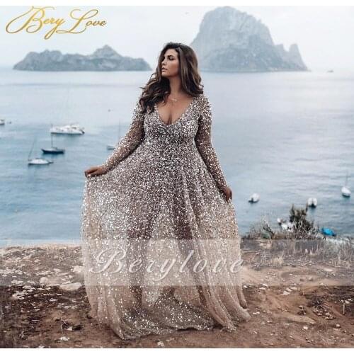 Berylove Glitter Wedding Dress Long Sleeve Side Slit Beach Dress Sequin Sexy V Neck Shiny Wedding Gown Transparent Bridal Dress