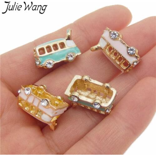 Julie Wang 2PCS Tiny Cute Hollow Bus Shape Pink Blue Stunning Enamel Zinc Alloy Pendant Charms Keychain Findings 19*12*10mm