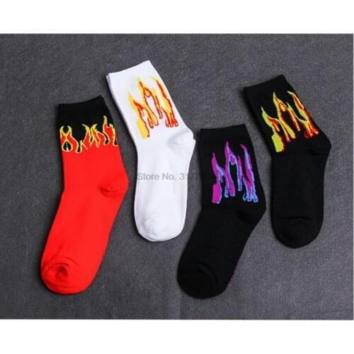 DHL 200pair Unisex Flame Black White Yellow Fire Sock Novelty Hip Hop Skateboard Street Socks