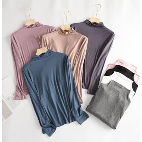 Office Turtleneck T-shirt Women Japanese Style Modal Tshirt Fashion Full Sleeve Show Thin T-shirt Simple Fashion Soft High Neck