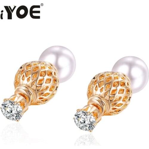 IYOE IYOE Double Faced Artificial Pearl Earrings Gold Color Austrian Crystal Stud Earring For Women Fashion Couple Jewelry