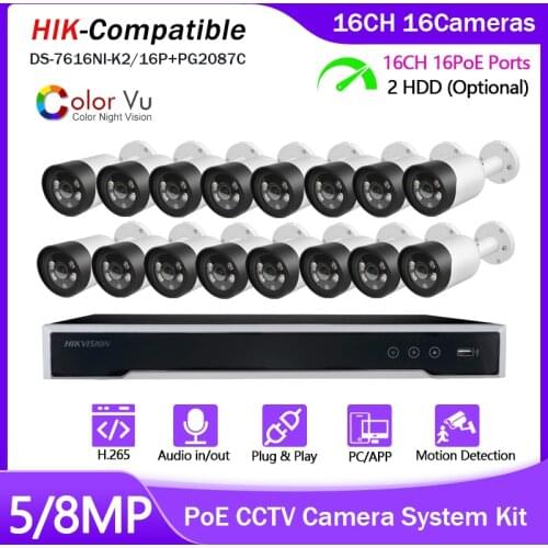Hikvision Compatible 5MP 8MP POE Security Surveillance Camera System Kit H.265 IP66 Motion Detection Audio Record IP Camera NVR