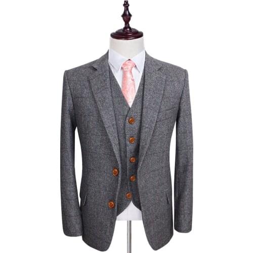 Wool Retro Grey Herringbone Tweed British Style Custom Made Mens Suit Tailor Slim Fit Blazer Wedding Suits For Men 3 Pieces