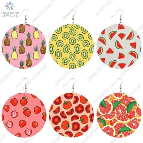 SOMESOOR Summer Fruit Printed Wooden Drop Earrings Watermelon Pineapple Strawberry Pattern Orange Cute Wood Loops For Women Gift