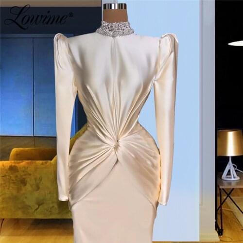 Lowime Elegant Satin Formal Evening Dresses High Neck Pearls Plus Size Dubai Party Gowns Muslim Middle East Celebrity Dresses