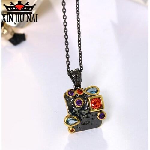 2020 New Womens New Gothic Long Necklace Retro Black Gold Colorful CZ Cute Square Costume Jewelry