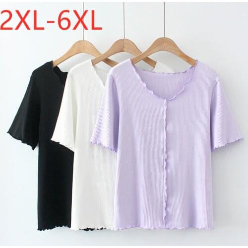 New 2021 Ladies Summer Plus Size Knit Tops For Women Large Short Sleeve Slim Purple White Fold V-nec T-Shirt 3XL 4XL 5XL 6XL