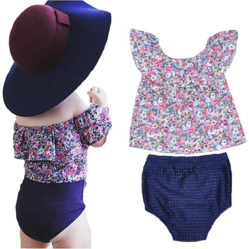 2020 New Summer Girls Set Floral T-shirt + Large Agaric Triangle PP Pants Two Piece Baby Girl Children Summer Suit Kids Clothes