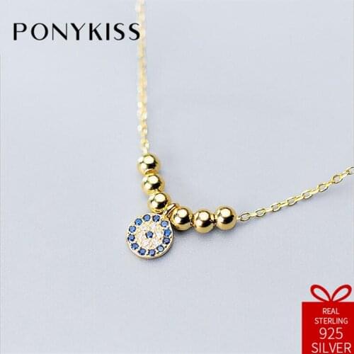 PONYKISS Gothic 100% 925 Solid Sterling Silver Round Eye Ball Zircon Chain Necklace Women Fine Jewelry Birthday Party Gift