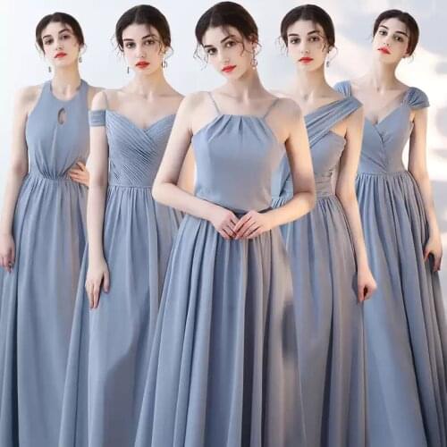 Bridesmaids Dress Illusion Short V-Neck Pleat Lace Tulle Floor-Length Spaghetti Straps Luxury Blue Women Wedding Party Gown E602