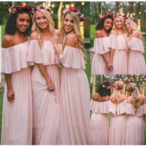 Mrs win Bridesmaid Dresses For Girls Chiffon Elegant Plus Size Wedding Party Dress HR238 Bohemia Long Off Shoulder Wedding Dress