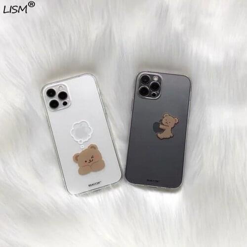 LISM Transparent Cute Bear Phone Case For Iphone 11 12 Pro Max Mini 6 7 8 X XS XR SE Couple Animal Shockproof Soft Case Cover