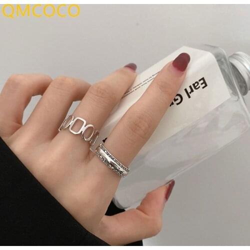 QMCOCO 925 Silver Rings For Women New Fashion Creative Hollow Geometric Handmade Vintage Woman Party Jewelry Gift