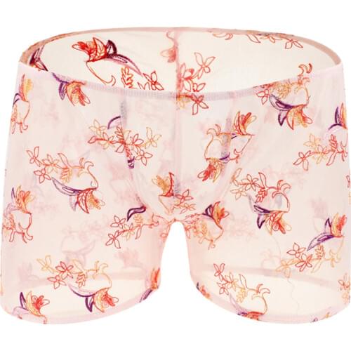 Sexy Mens Underwear Pink Transparent Gauze Print Sissy Boxers ZJH1004-3