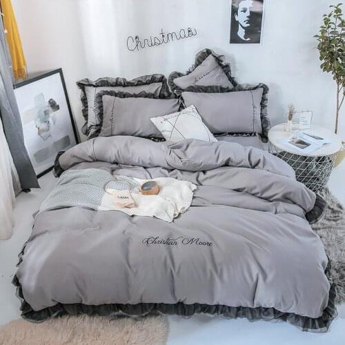 Gray Luxury Lace Duvet Cover Bedding Set Queen King Siz Embroidery Fitted Sheet Set Skirt Set Pillowcase Wedding Bedclothes