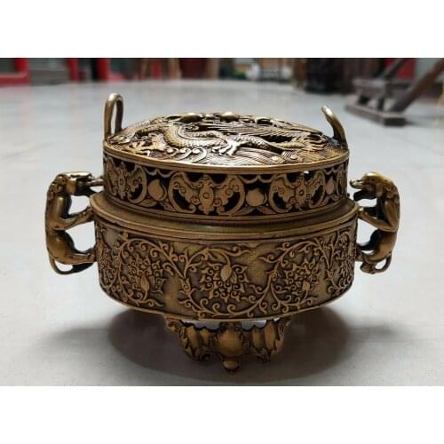Antique signed bronze Old Carved statue Dragon Phoenix Incense Burner Censer box