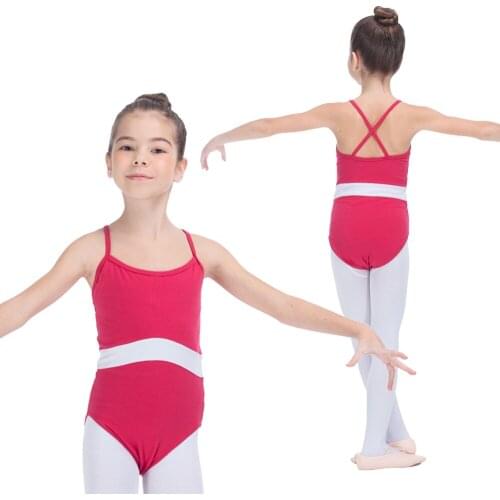 Deep Pink Leotard with White Waist Girls Cotton/Lycra Two Tone Camisole Practice Ballet Dancewear