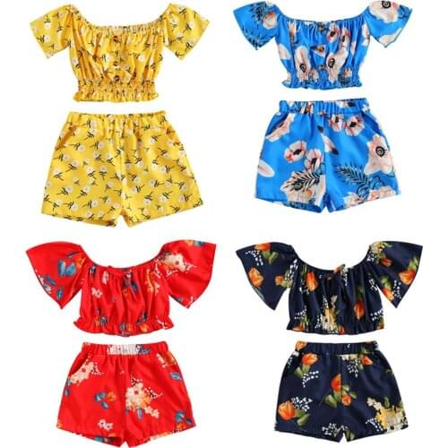 18M -5Years Baby Floral Print Clothes Set Girls Short Sleeve Off-shoulder Tops with Buttons + Elastic Waist Short Pants