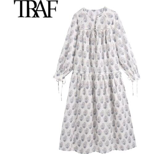 TRAF Women Chic Fashion Floral Print Patchwork Midi Dress Vintage Long Sleeve With Tie Female Dresses Vestidos Mujer
