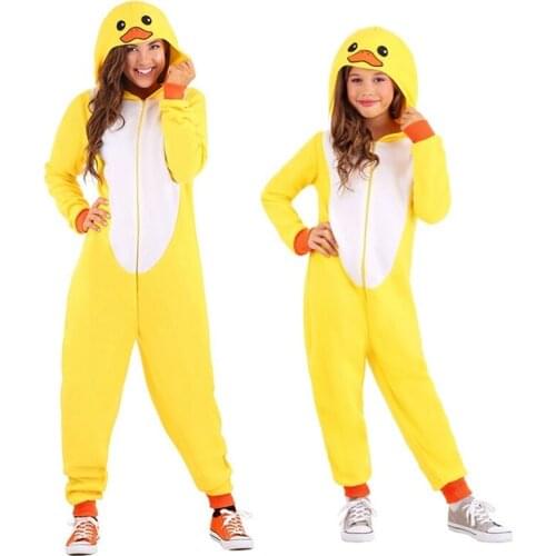 Adult Kids Kigurumi Yellow Duck Cosplay Onesie Cartoon Fleece Pajamas Animal Halloween Party Costume Jumpsuits Hooded Pyjamas