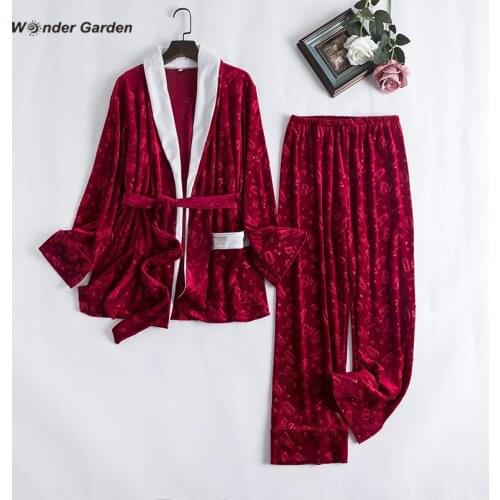 Wonder Garden Fshion Velvet Pajamas Set Woman Nightwear Warm Sleepwear Letter Printing Casual Two-piece Suit Fall Winter Belt