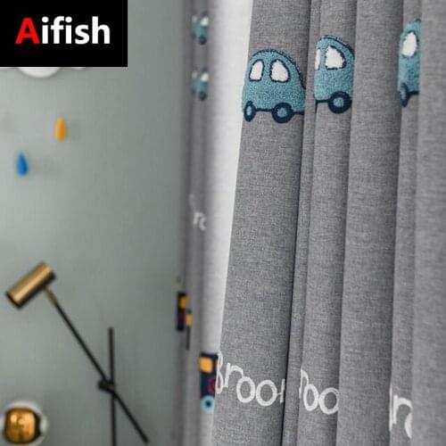 Cartoon Children Car Thickened Blackout Curtain For Kids Bedroom Decor Cotton Linen Grey Window Drapes Living Room Tulle 2