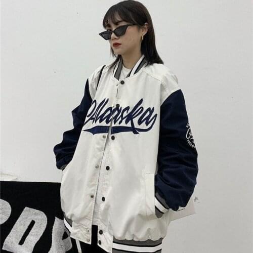 Womens Oversized Baseball Jackets Letter Embroidery Long Sleeve Bomber Jackets Autumn Ladies Loose Jacket Coat Streetwear