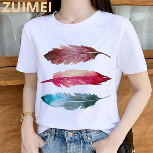 New Feather 2021 New Print Harajuku Top Women T-shirt Casual Ladies Basic O-collar Short Sleeved Women T-shirt Girl,Drop Ship