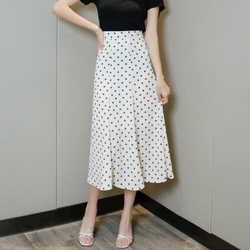 High Waist O-neck Dot Chiffon Skirt Women Thin Stitched Split A-line Skirt Women
