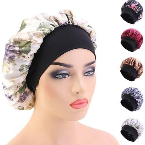 Women Satin Sleep Caps Floral Print Wide Band Night Caps Hair Care Turban Cancer Chemo Nightcap Ladies Bonnet Headwear Beanie