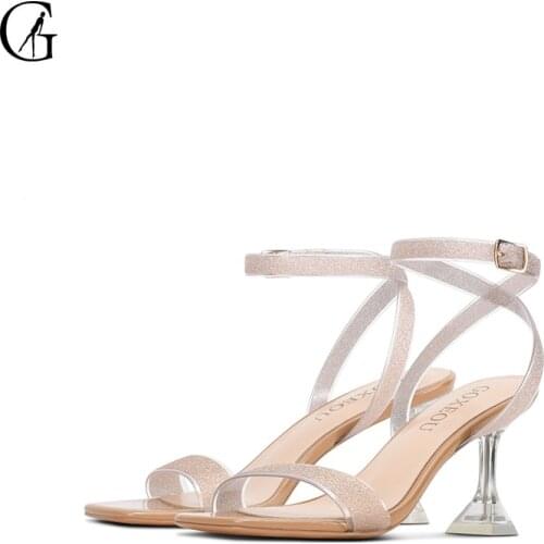 GOXEOU Womens Sandals Golden Frosted Translucent Crystal 7 CM Heels Square Toe Party Fashion Office Lady Shoes Size 36-42