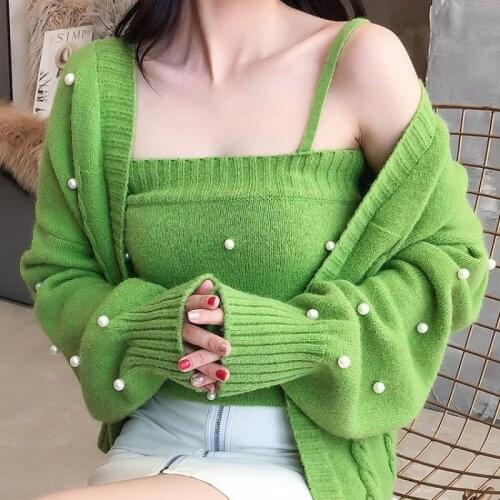 Korean Matching Chest Lovely Cardigans Women Fashion Bead Nail Sweater 2020 New Autumn Ladies Knit Loose Casual Tops Two Pieces