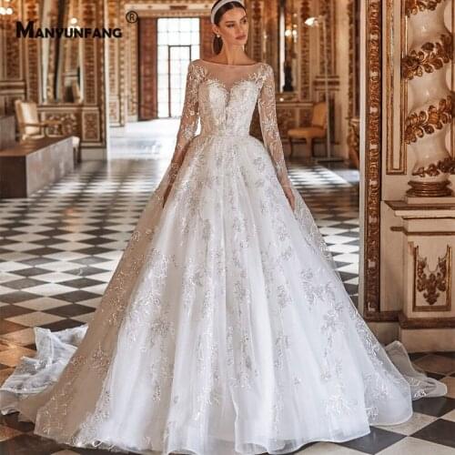 High-End O-Neck Full Sleeve Embroidery Appliques Tulle Bridal Ball Gown Luxury Lace Up Back Chapel Train Wedding Dress for Women