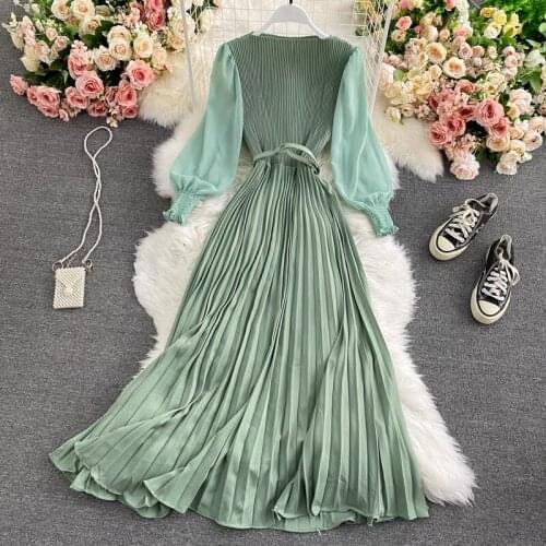 Women Elegant Pleated Dress Spring Autumn Long Sleeve Patchwork Chiffon Long Robe Ladies Party Dress