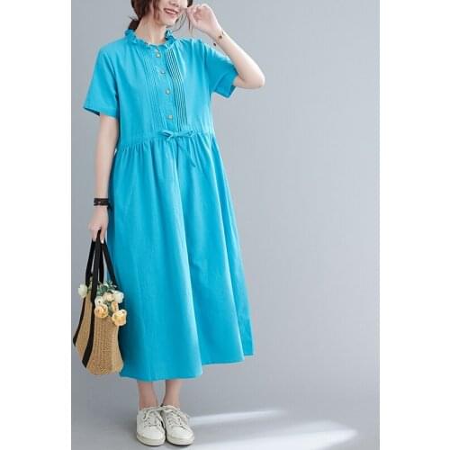 2021 Summer Slim Waist Elegent Short Sleeve Women Dress O-Neck Single Breasted Solid Blue Female Casual Dresses