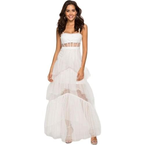 2021 Women Summer New Sleeveless Dress Elegant White Sexy Hollow Strapless Sling Cake Dress Fashion Party Club Clothing