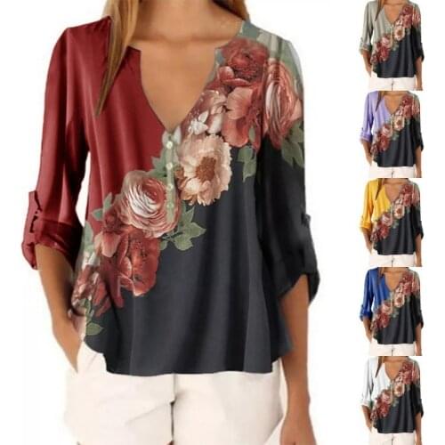 Women V-neck Floral Printed Shirt Top Chiffon Casual Half Button Irregular Chiffon Woman Blouse Womens Plus Size Street Clothes