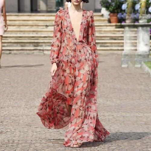 Sexy Deep V-neck Long Sleeve Chiffon Dresses for Women 2021 Spring Autumn Vintage Pink Floral Printed Maxi Dress Female