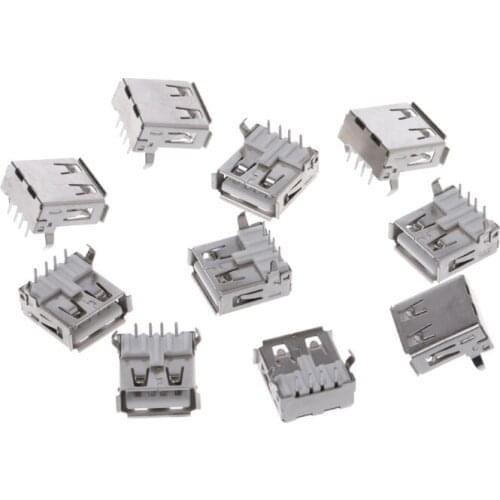 10 Pcs USB 2.0 Female Type-A 4 Pin Socket Connector 90 Degree Right Angle