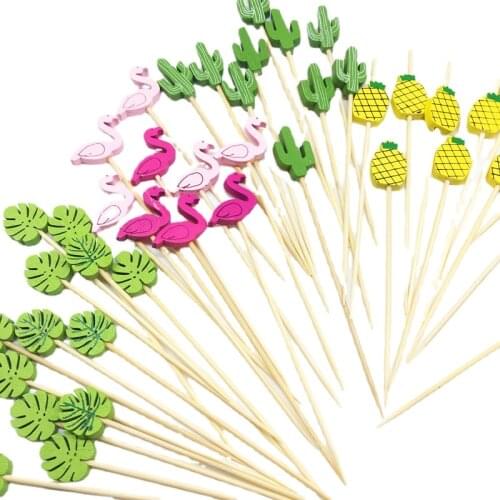 100pc Flamingo Bamboo Pick Buffet Pineapple Cactus leaves Cupcake Fruit Fork Dessert Salad Stick Cocktail Skewer for Party Decor