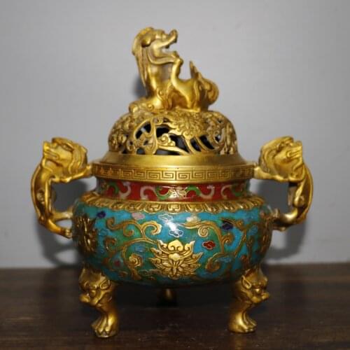 8" Tibet Buddhism Old Bronze Cloisonne Enamel Lion statue Three-legged incense burner Chilong Double Ears Town House Exorcism