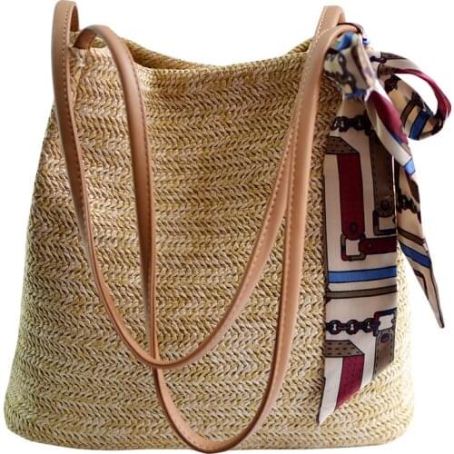 Bohemian Summer Silk Scarf Beach Straw Handbag Women Holiday Style Woven One-Shoulder Bag