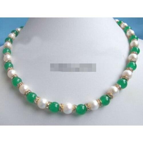 Hot sale Shipping Excellent Genuine White Pearl Green Jade 18K Crystal Necklace