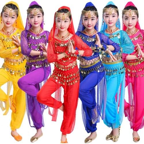 New Children Girls Belly Dance Costumes Sexy Long Sleeves Kids Competition Costume Red Blue Purple Rose Tops+Pants 2 Piece Set